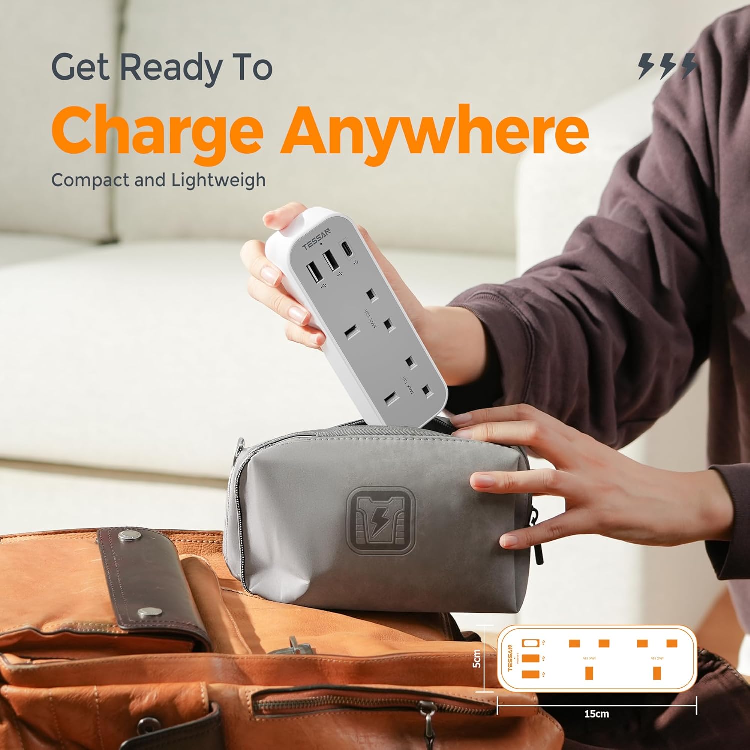 Tessan 2-Gang plug Through UK Charger 2 USB A USB C 13A TS-222-C