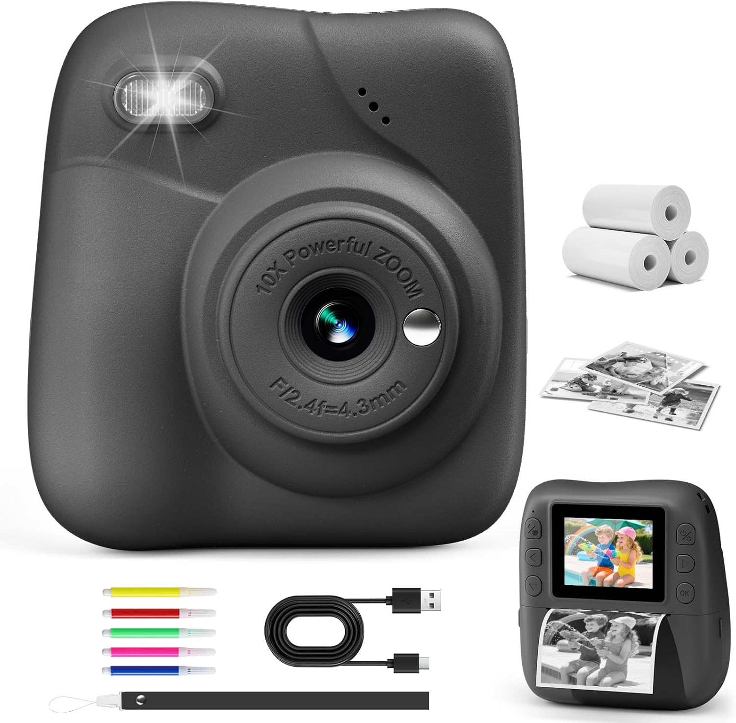 CAMCLID Children's Camera Instant Camera 1080P Instant Camera Children with 32GB Card & 3 Rolls of Printing Paper, for Boys and Girls 3-12 Years - Black