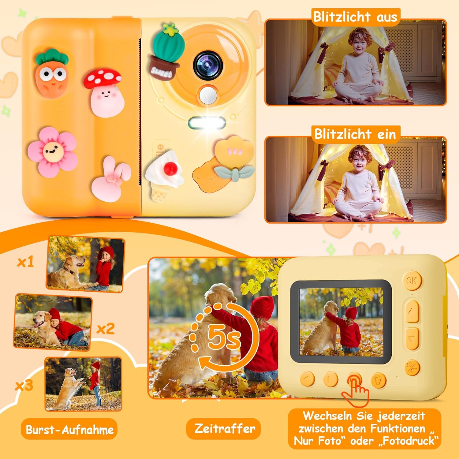 Instant Camera 1080P, 2.4 Inch Children's Camera, Instant Print with 64G Card & 3 Rolls of Printing Paper, Perfect for Children 3-12 Years