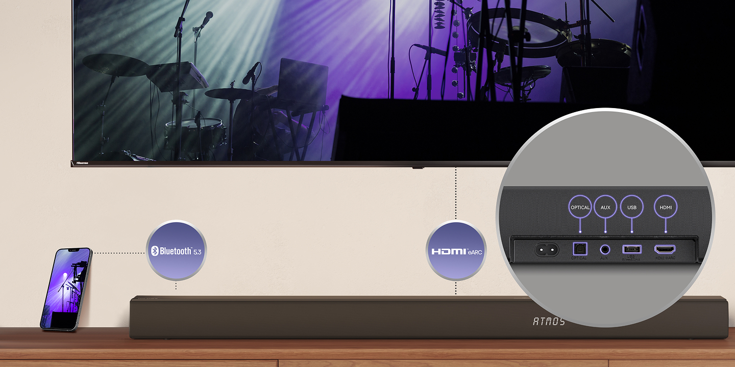 Hisense Soundbar 5.1 CH, 580W ,Hi-Concerto,Dolby Atmos, DTS:X, Semi wireless rear surround speakers