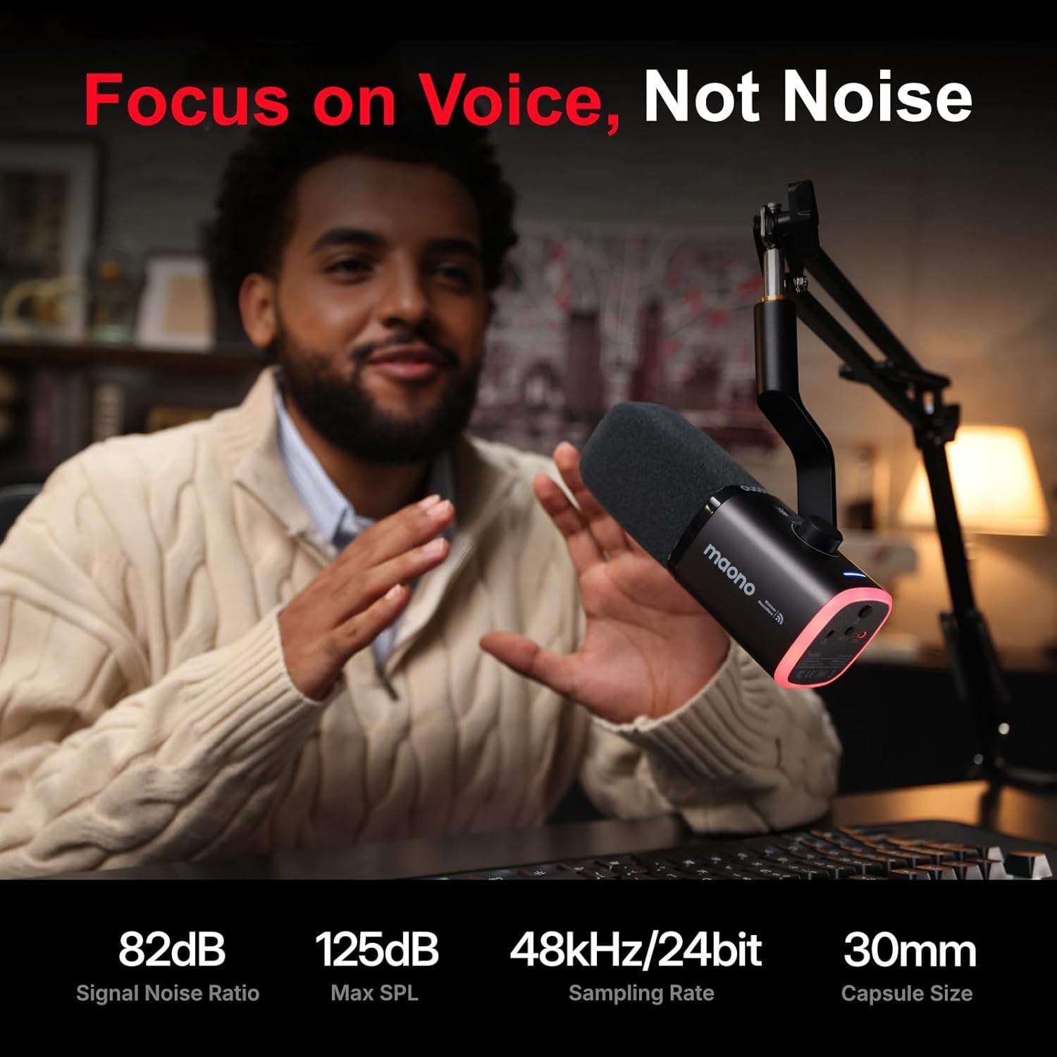 Maono Microphone Desktop Dynamic Wireless & USB-C 40Hr PD100W Black