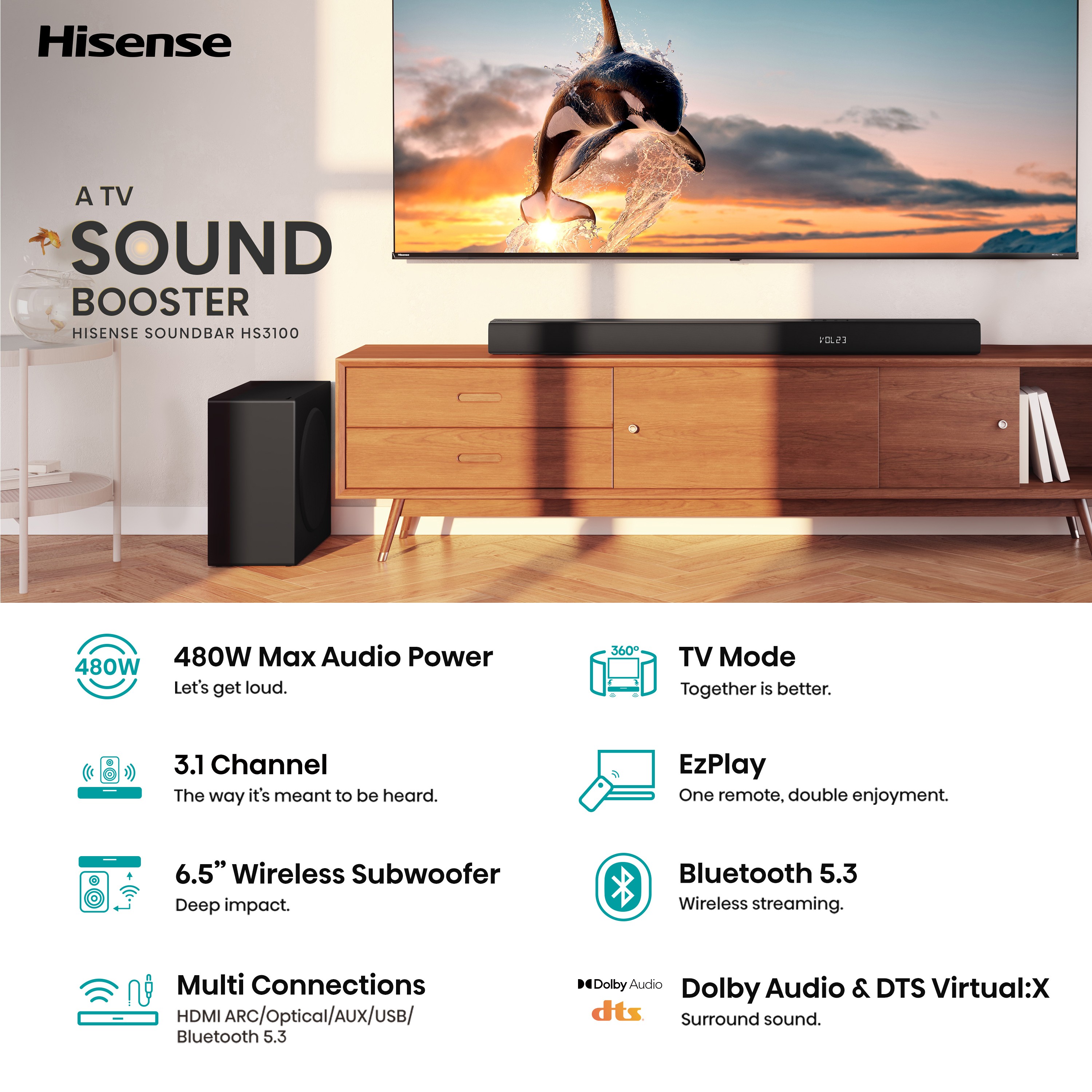 Hisense Soundbar HS3100 3.1 CH 480W BT/USB/Optical
