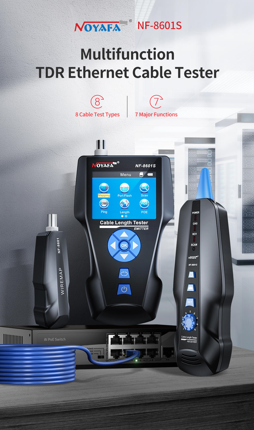 Noyafa Multi-Function Cable Tester with PoE, Ping, TDR Length Measurement, Port Flashing & NCV for RJ45, RJ11, BNC, CAT7 NF-8601S