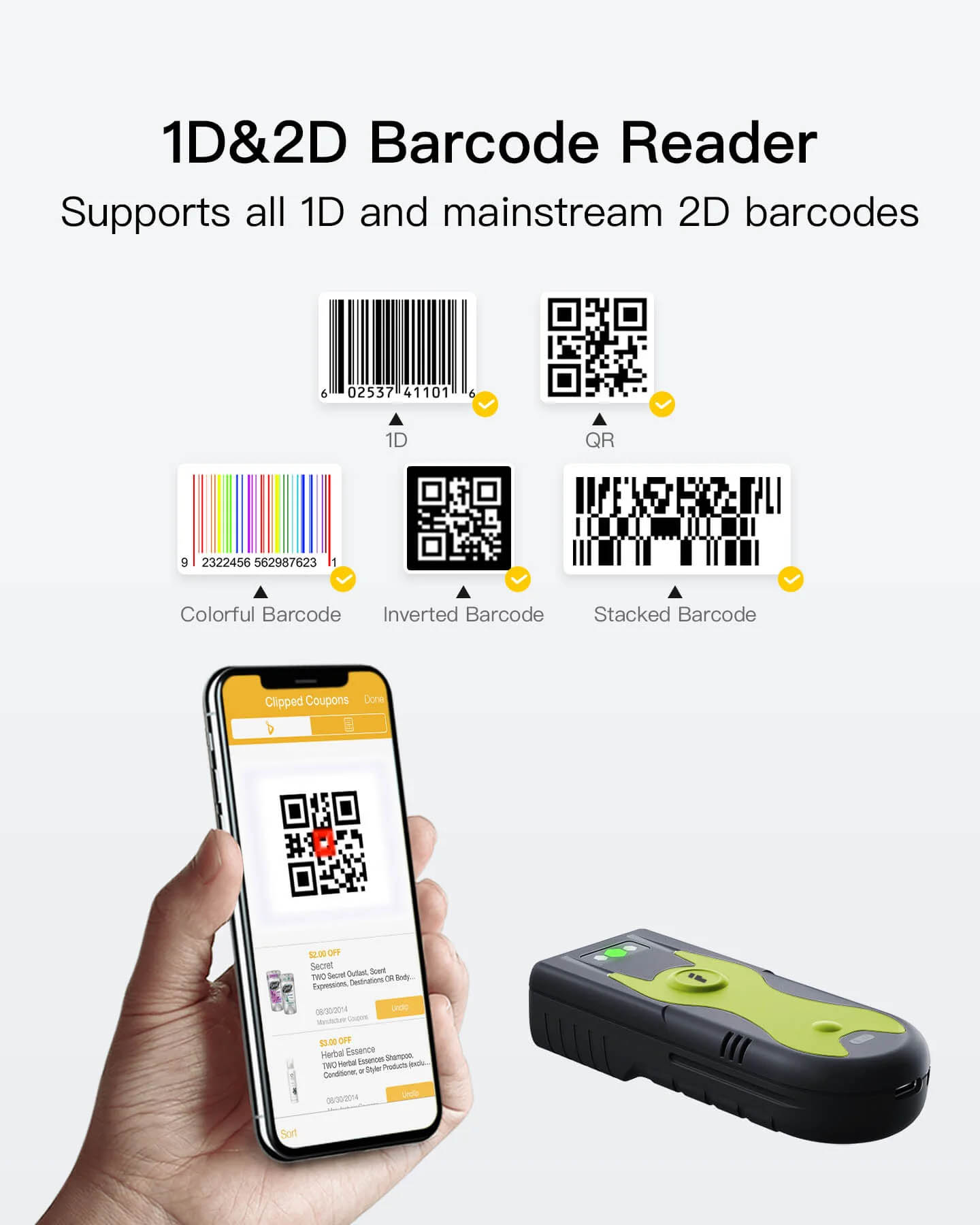 Inatech Barcode Scanner CMOS 1D/2D Wireless 2.4GHz/Bluetooth USB-A 1200mAh Portable BCST-42 Green