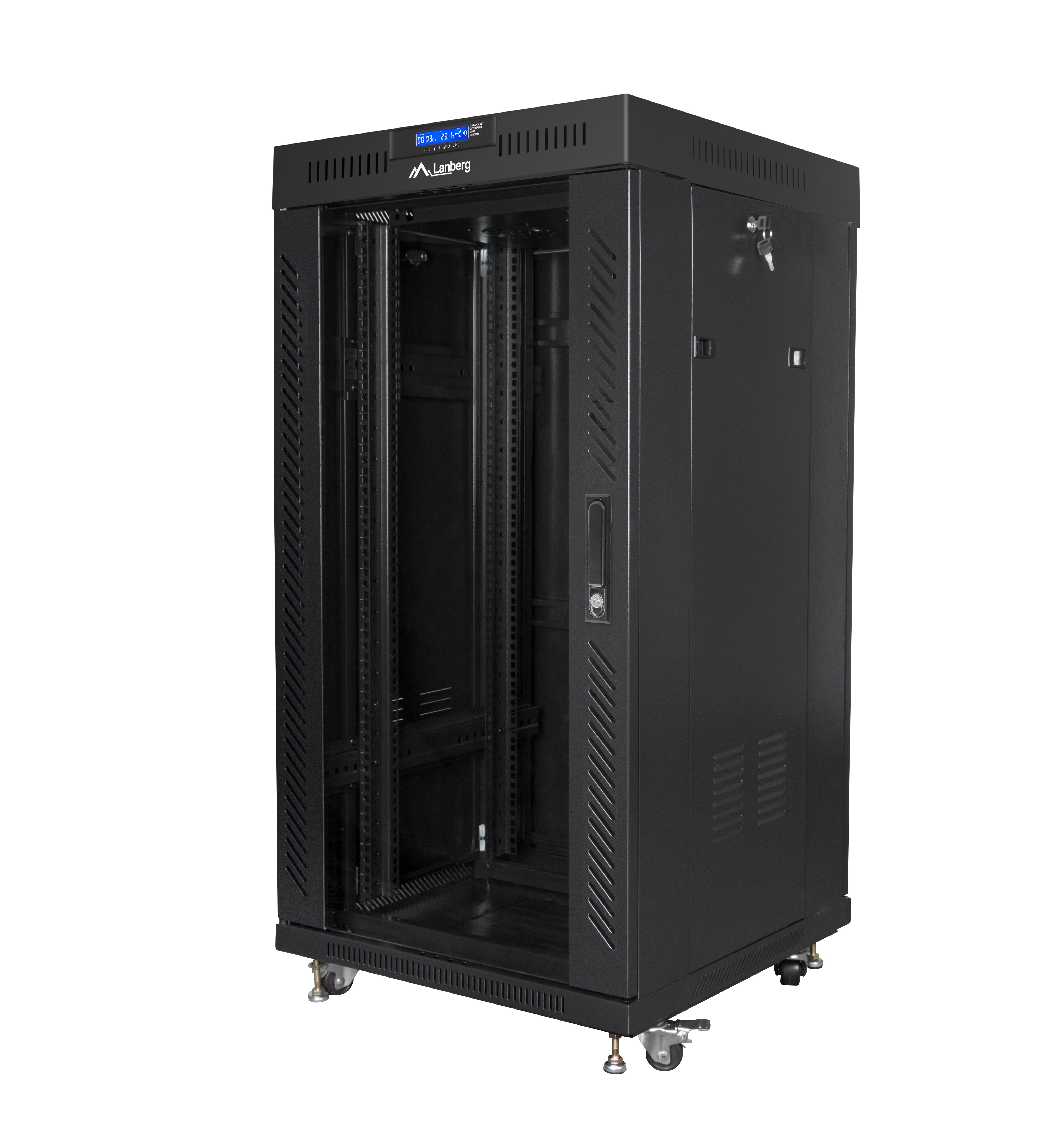 Lanberg Free Standing Cabinet 19'' with Glass Door 22U 60cm Ventilation Panel with LCD, 2 Fans & Thermostat Black (not assembled)