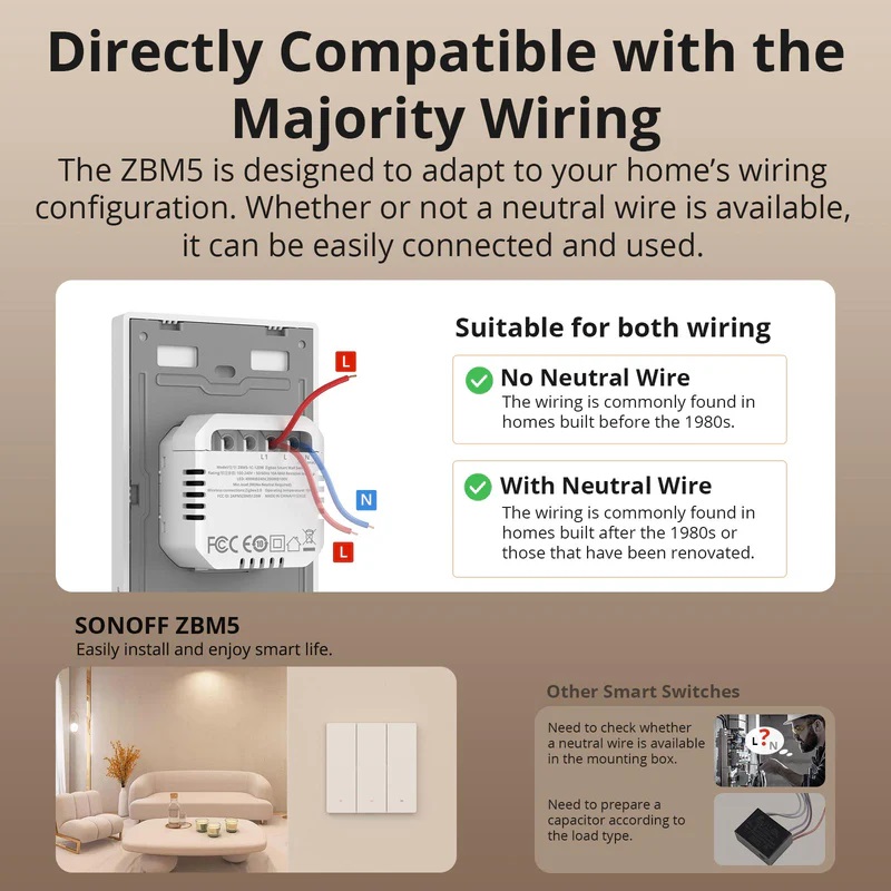 Sonoff Zigbee M5 WiFi Smart Wall Mechanical Switch (No neutral) 2-Button White