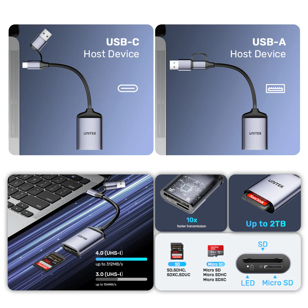 Unitek R1018E Super Fast Card Reader Up to 312mb/s USB-A/C Supports SD/MicroSD