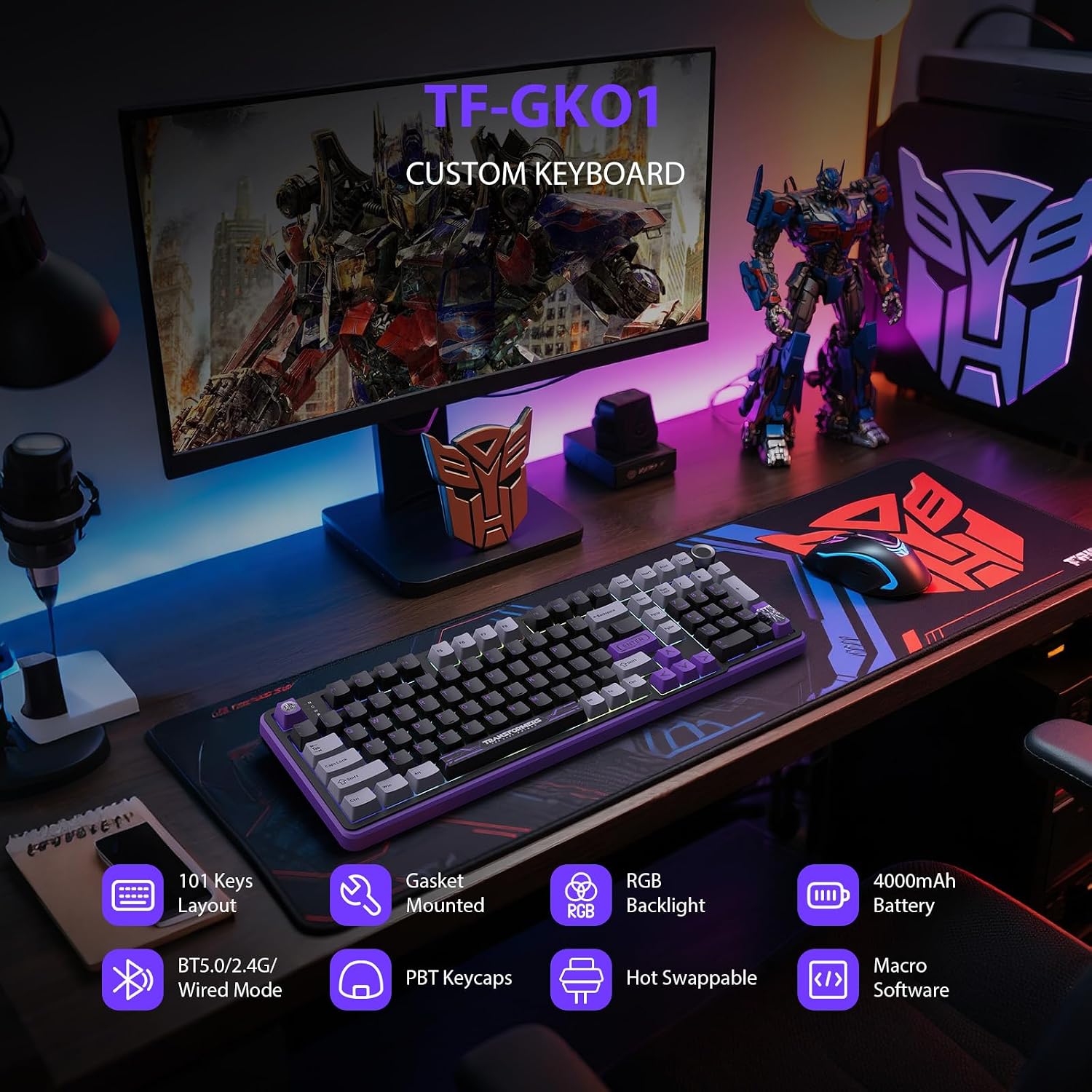 Transformers Mechanical Keyboard, Tri-Mode BT5.0/USB-C/2.4GHz, Pre-lubed Linear Switches, Hot Swappable TF-GK01 Black
