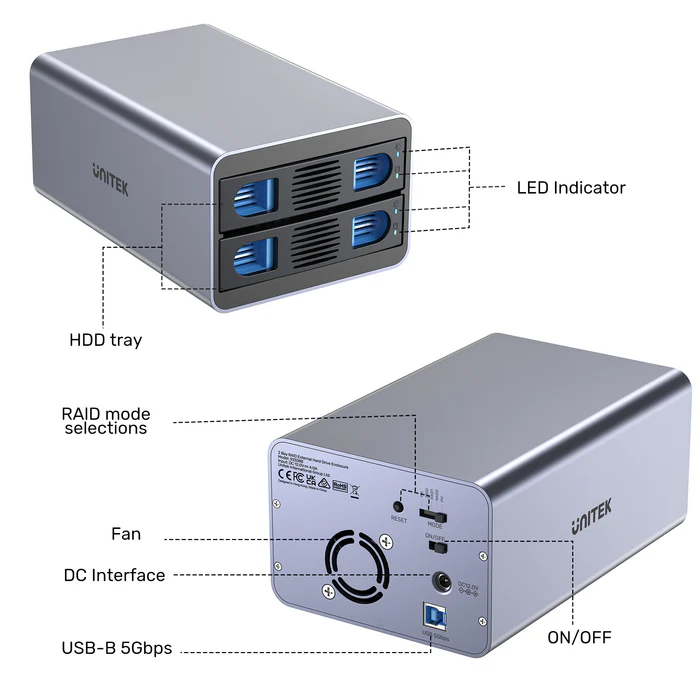 Unitek USB-A 2-Bay External SATA HDD Enclosure with RAID S1308B
