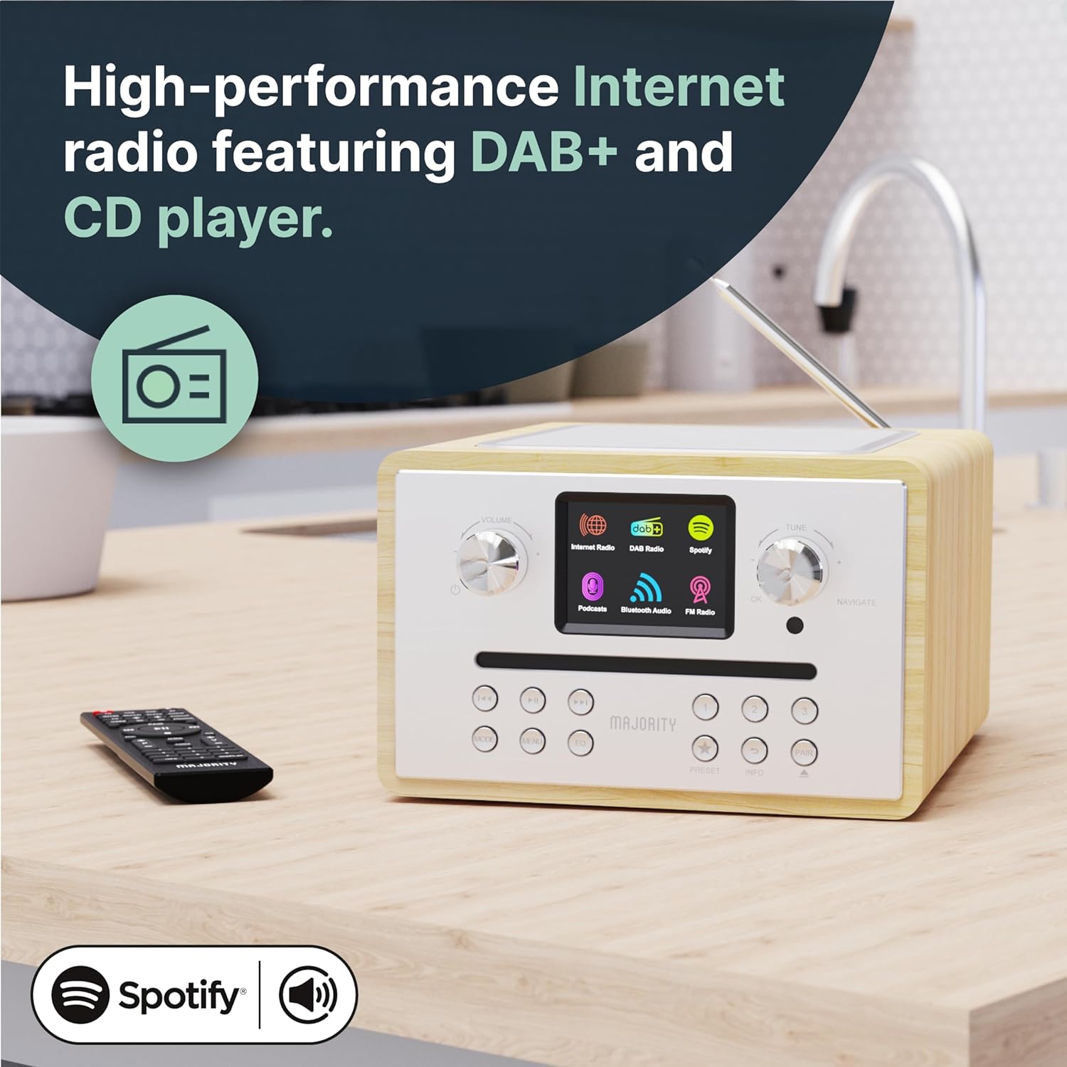Majority HOMERTON 2 Radio FM,CD Player,BT,Spotify,USB Oak