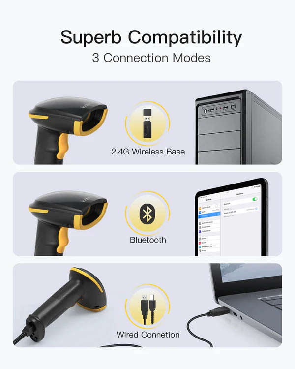 Inatech Barcode Scanner CMOS 1D/2D Wireless 2.4GHz/Bluetooth USB-A 2600mAh Adjustable Stand BCST-35 Black