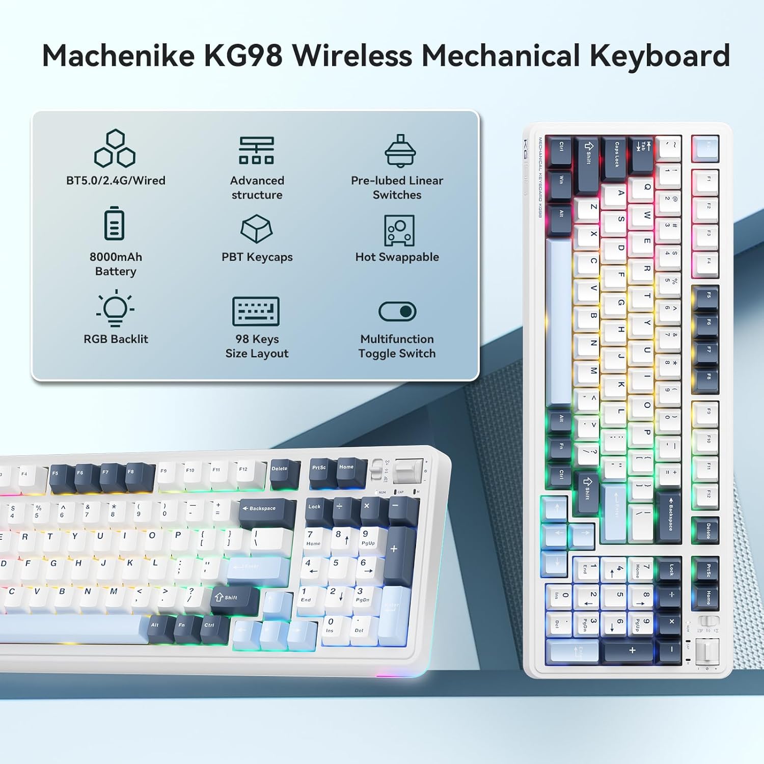 Machenike Wireless Gaming Keyboard,Type-C / 2.4 G / Bluetooth, Blue Switches, 5000 mAh battery, KG98