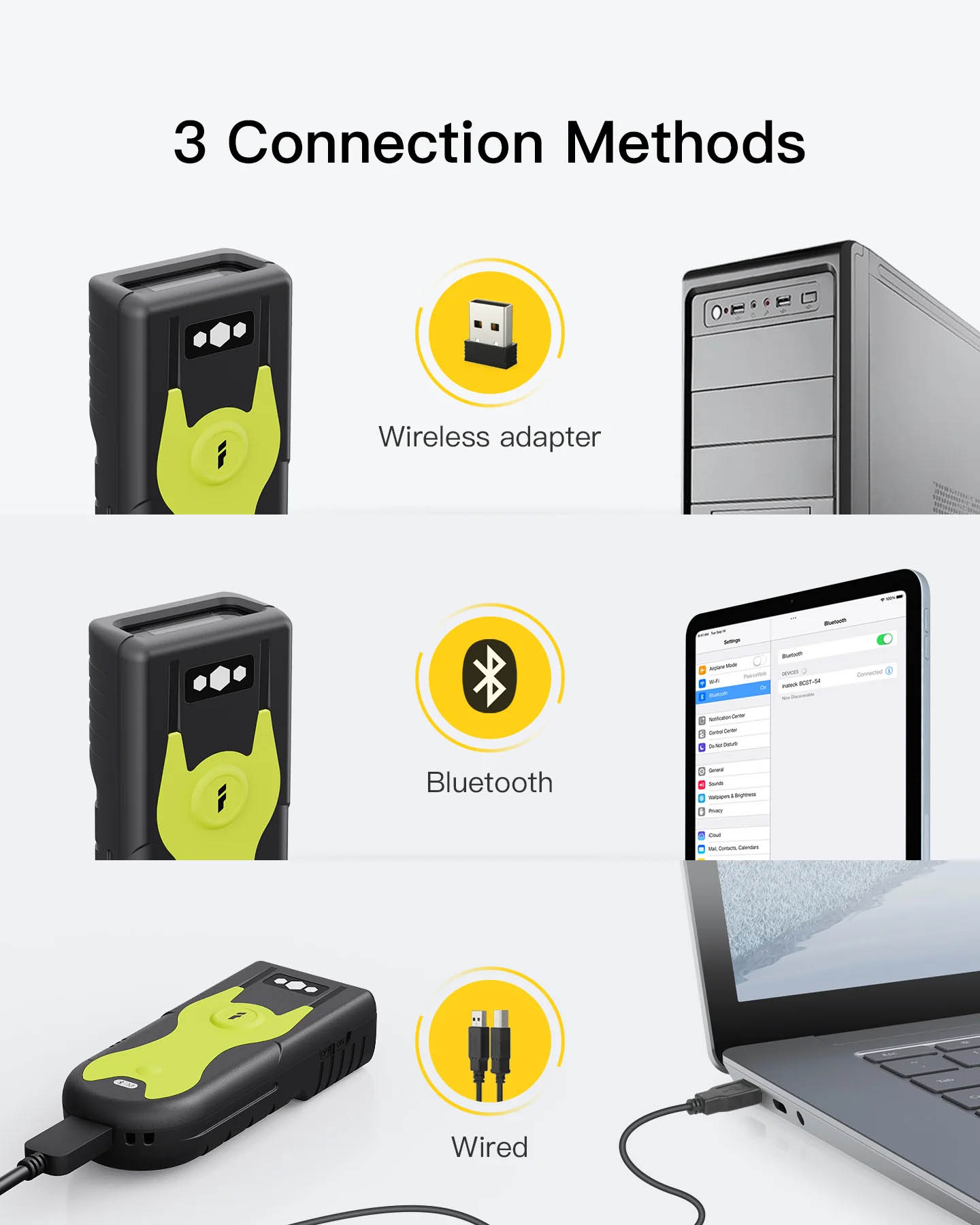 Inatech Barcode Scanner CMOS 1D/2D Wireless 2.4GHz/Bluetooth USB-A 1200mAh Portable BCST-42 Green