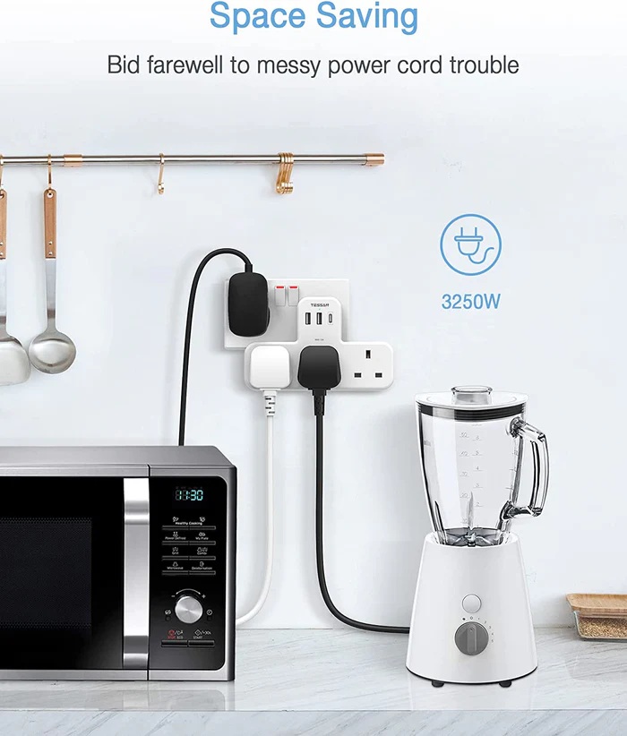 Tessan 3-Gang plug Through UK Charger 2 USB A USB C 13A TS-223-C