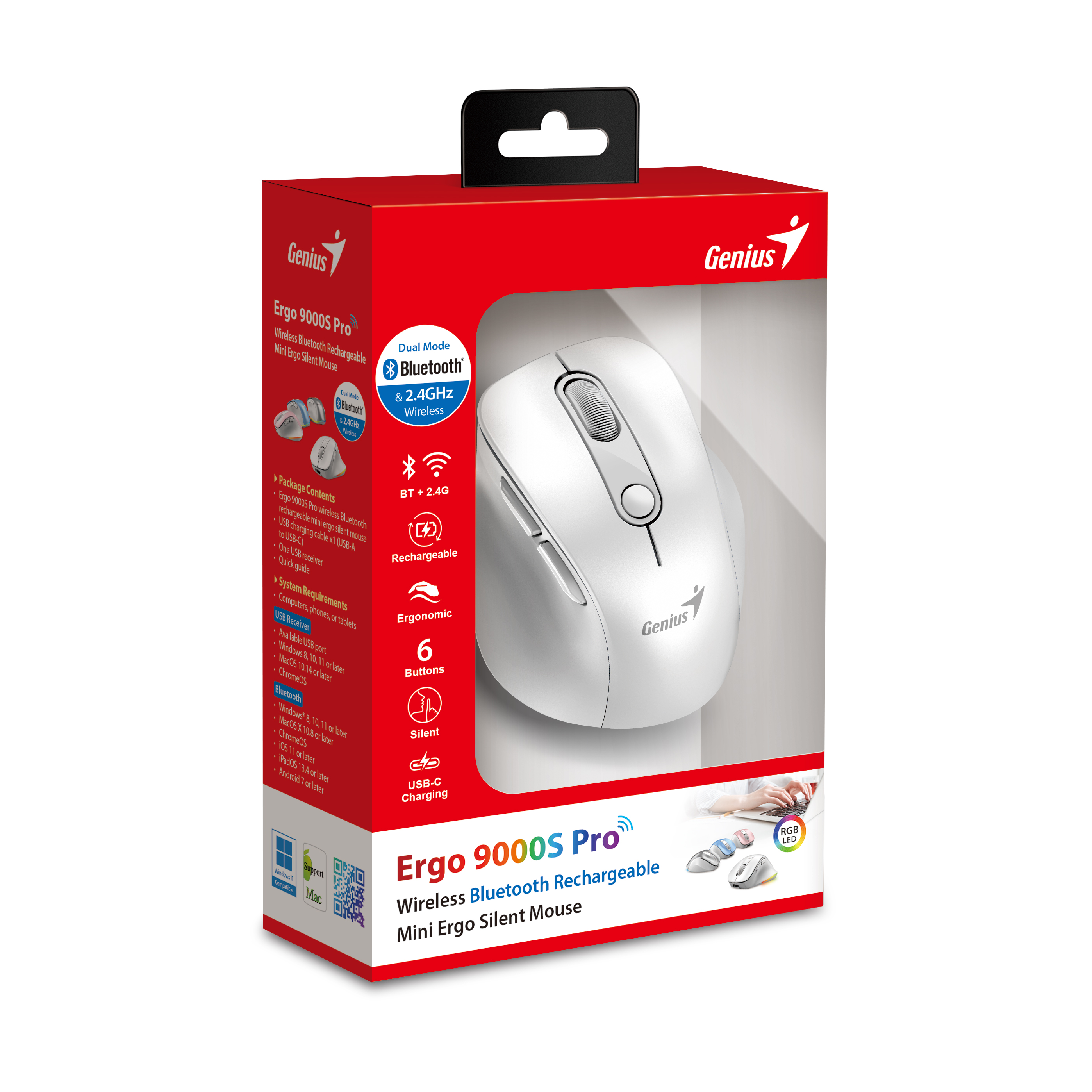 Genius Mouse Wireless+BT Rechargeable Mini RGB Ergo 9000S Pro White