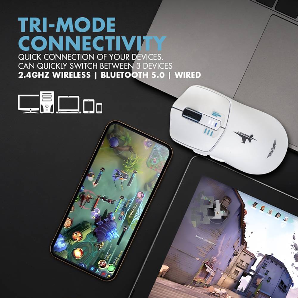 Armaggeddon Gaming Mouse Wired+2.4G+BT Recharge 5B MIRAGE-V White