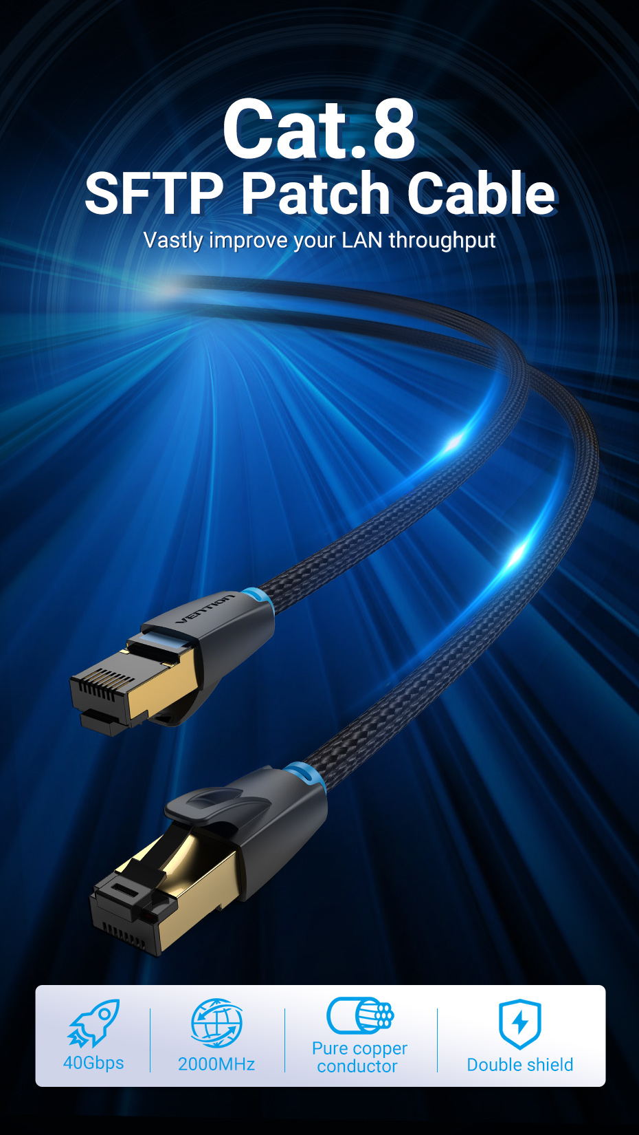 Vention NETWORK Cable CAT8 SFTP Braided 2.0m Black IKGBH