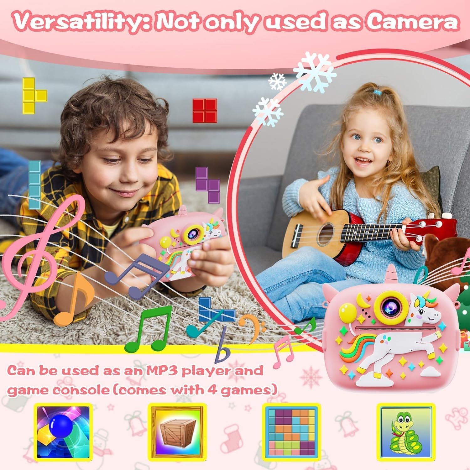 Kids Instant Camera with Printing Paper & 32G TF Card, Gift for Children 3-12 Years - Pink