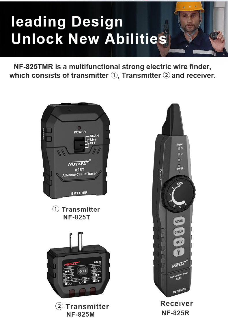 Noyafa Circuit Tracer & Breaker Finder with GFCI Tester, RJ45 Tracing, NCV & Adjustable Sensitivity NF-825TMR