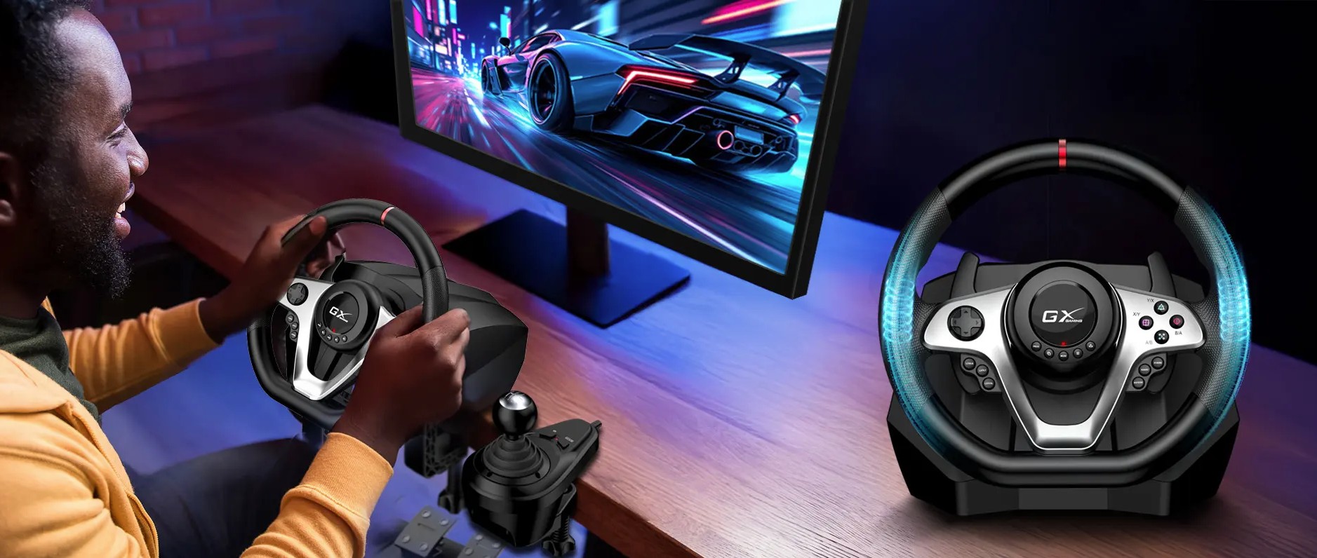 Genius Gaming Wheel Vibration-6+R Gears-3xFoot Pedals PC/PS3/PS4 SpeedMaster X1