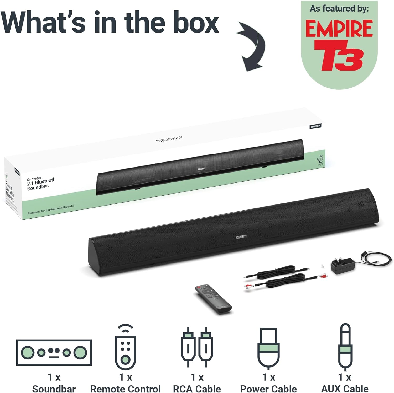 Majority SNOWDON II 2.1 Soundbar with Built In Subwoofer 120W BT & Optical Black (UK)