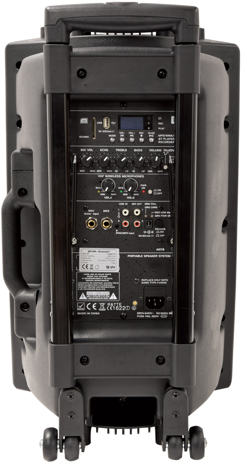 QTX QR12PA 12'' Professional Portable Karaoke & PA Speaker with 2x Wireless Microphones, Bluetooth USB & FM 178.847UK