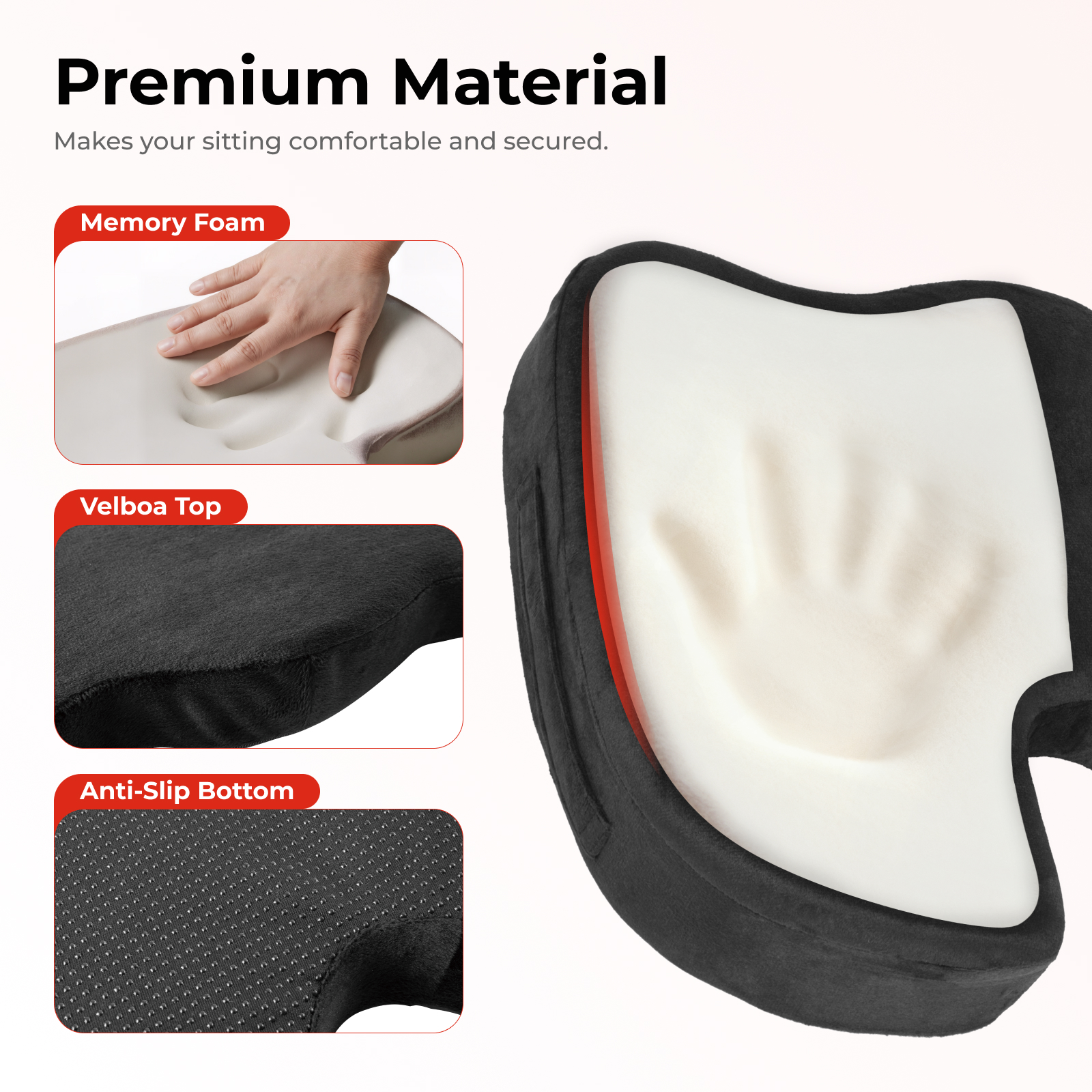 Lumivida Ergonomic Seat Cushion for Coccyx Orthopedic with Memory Foam & Carry Handle RSC01-2