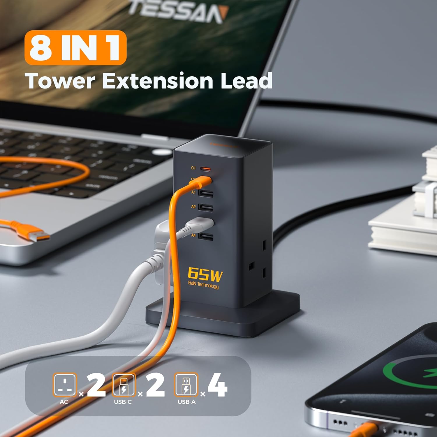 Tessan 2 Gang Extension  4 USB-A 2 USB C 2m 13A TS-FS02UK00