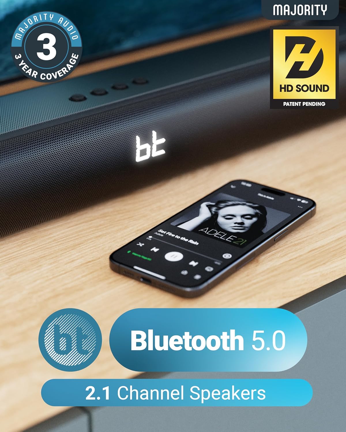 Majority Soundbar NAGA60 120W 2.1 3D Sound Built-in Sub & Wall Mount
