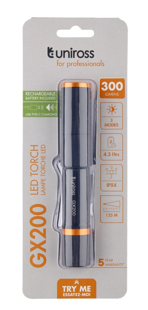 Uniross GX200 USB Rechargeable Torch IP44 Waterproof Aluminium 300 lumens 135m Beam