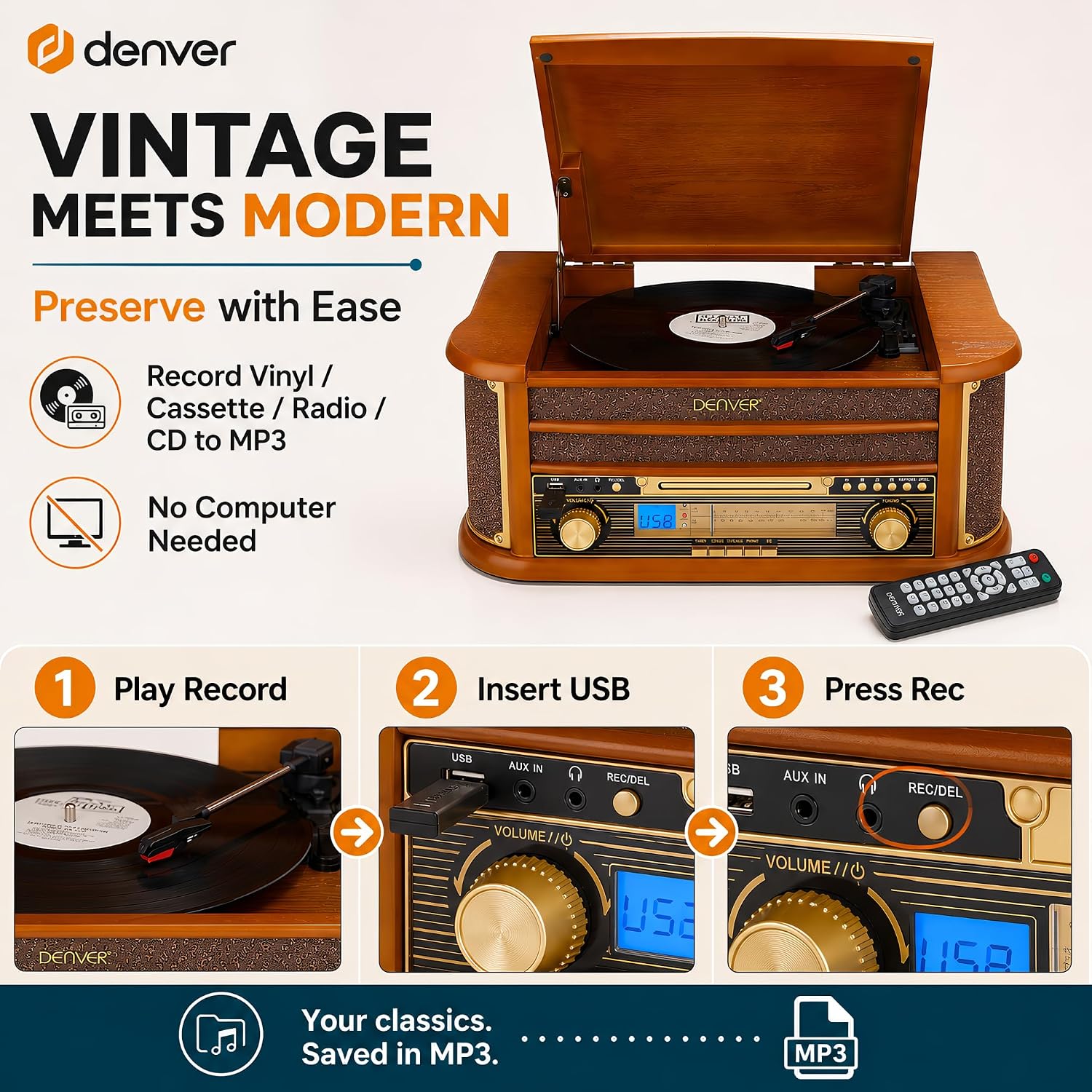 Denver AUDIO HiFi System with Turntable, CD, Cassette, FM & USB MCR-50MK3 Brown Wood