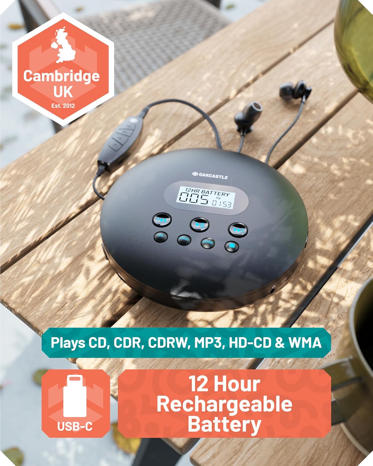 Majority Oakcastle CD100 Portable & USB-C Rechargeable CD Player with Bluetooth incl Free Earphones