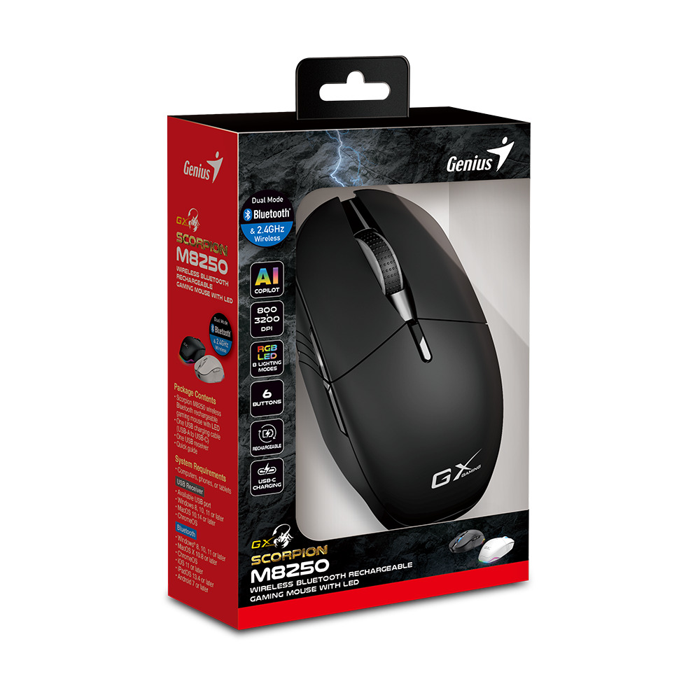 Genius Mouse Wireless+BT Recharg RGB AI 3200DPI Scorpion M8250 Black