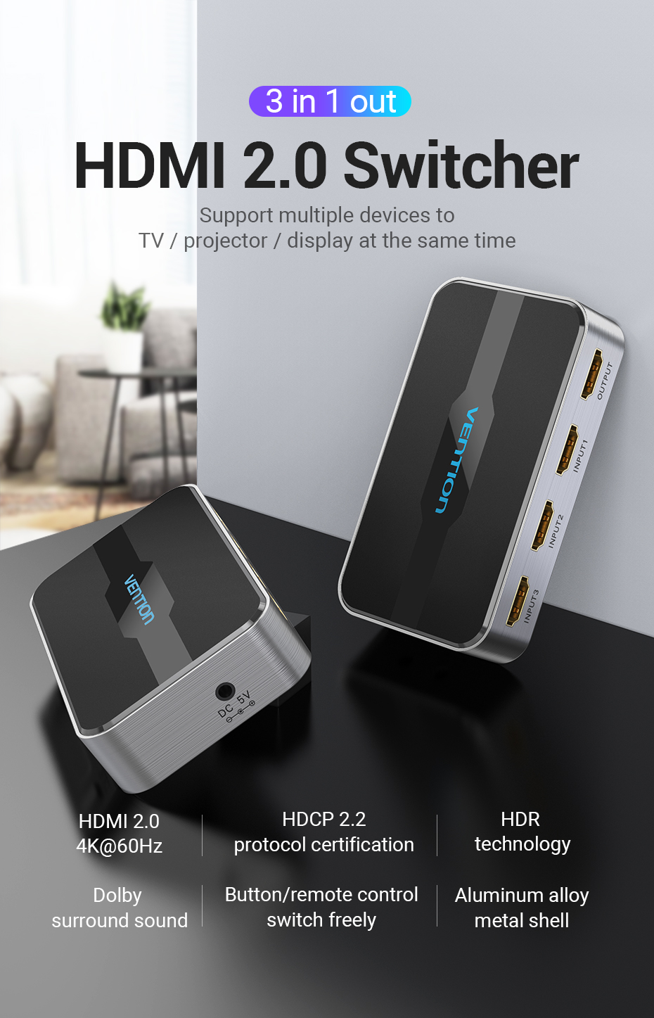Vention HDMI Switch 3-Port 4K 2.0 w/Remote Control AFOH0