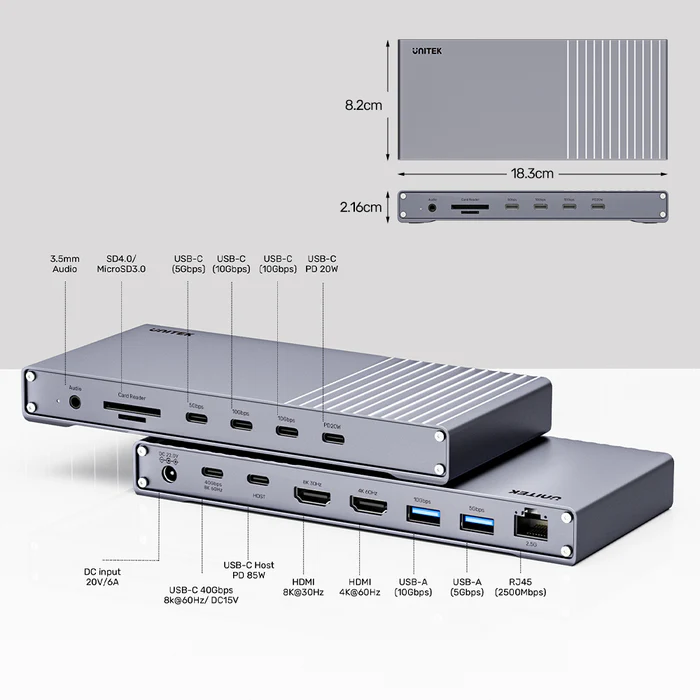 Unitek USB-C Hub Docking Station USB4 40Gbps Triple 4K Display & 2.5G Lan with 120W PSU D1117A