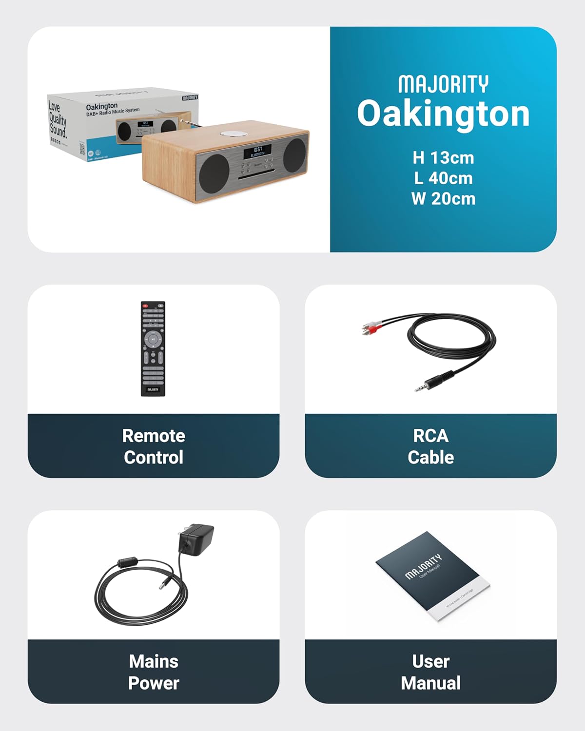 Majority OAKINGTON 120W Mini HiFi System with CD-BT-USB-FM Oak