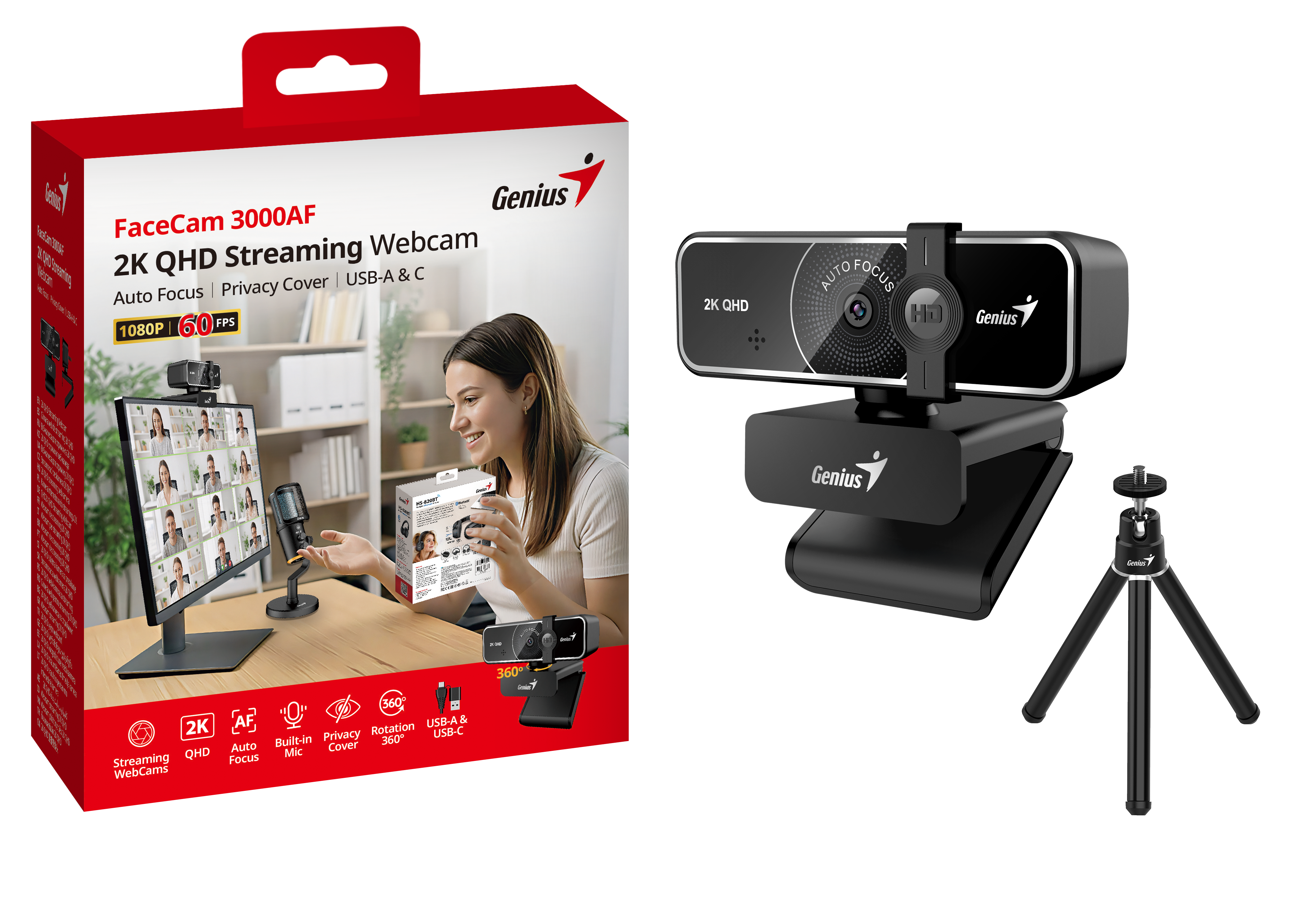Genius PC Web Camera 2K w/Tripod, AF USB-A+C FaceCam 3000AF