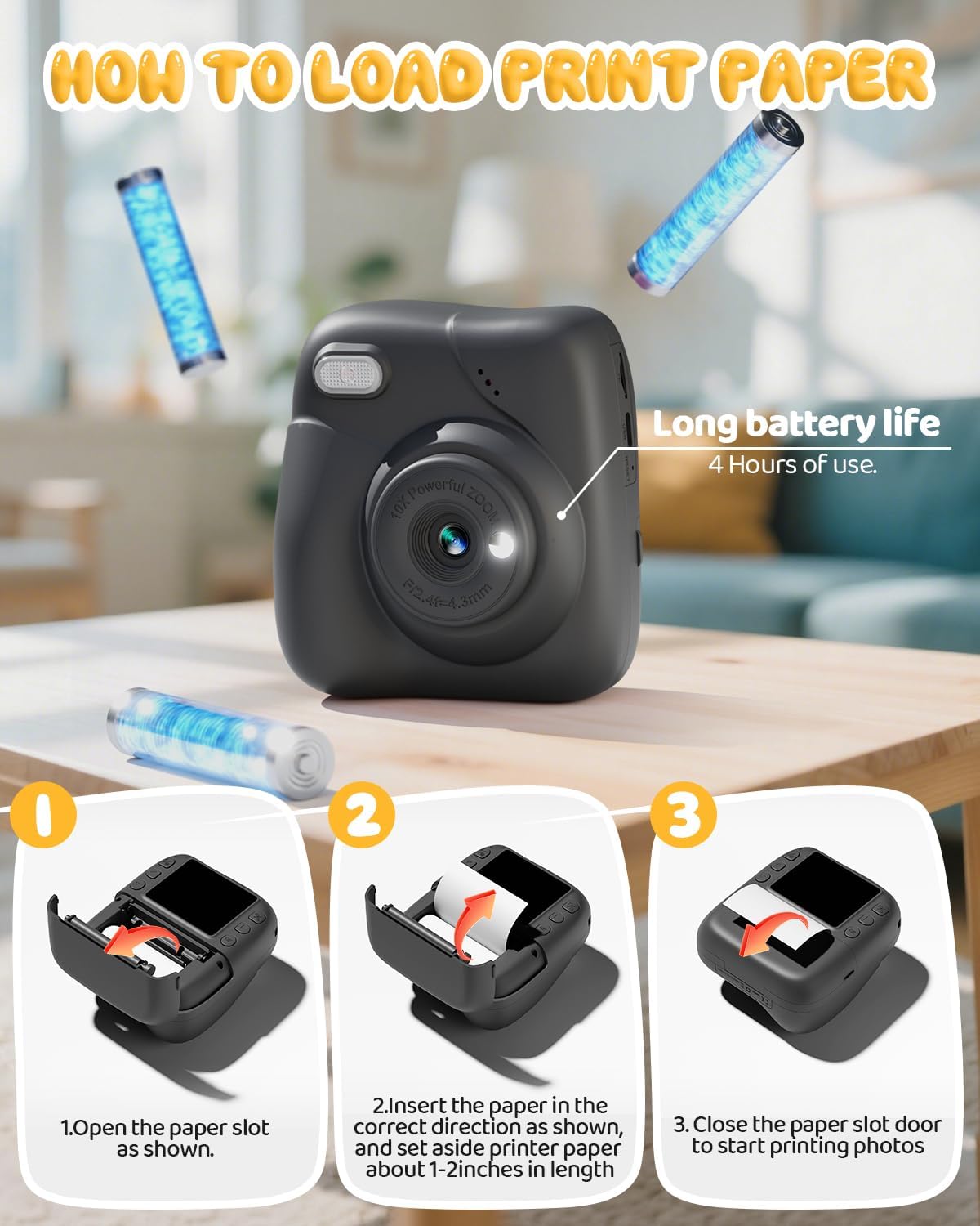 CAMCLID Children's Camera Instant Camera 1080P Instant Camera Children with 32GB Card & 3 Rolls of Printing Paper, for Boys and Girls 3-12 Years - Black