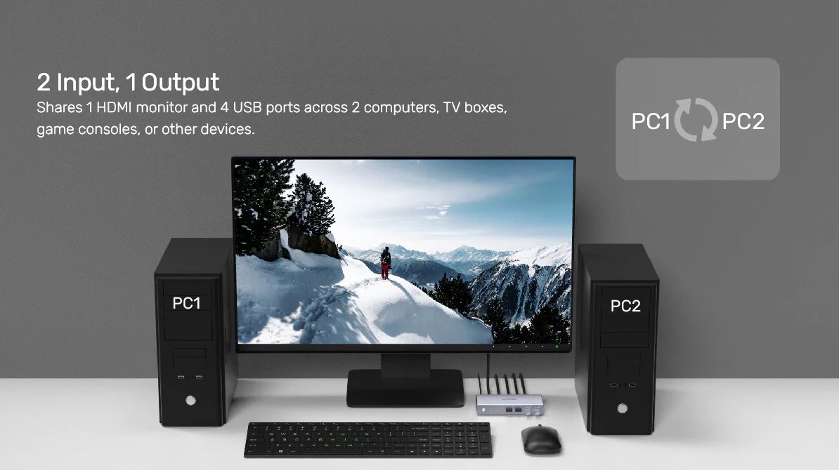 Unitek KVM HDMI 4K60Hz Switch 2-1 with 4-Port USB Hub V307A