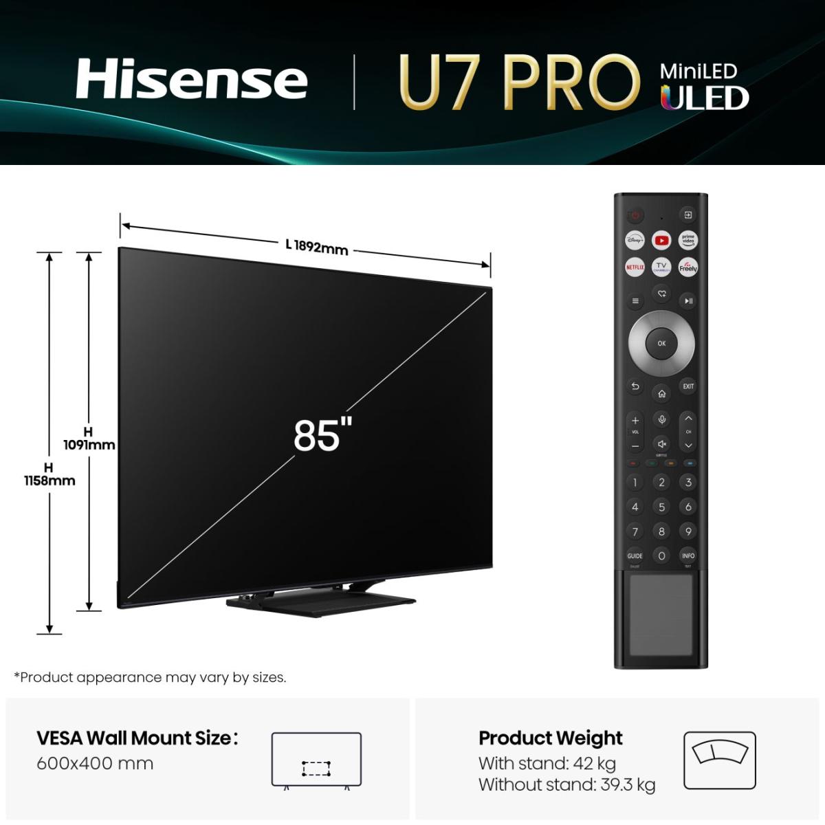 Hisense 85U7Q PRO 85'' 4K Smart QLED MINI LED 165hz TV