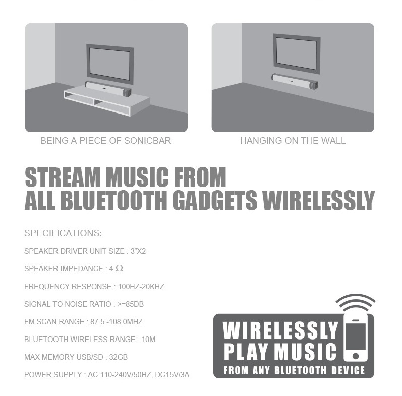 SonicGear SONICBAR 3000 Soundbar for TV/PC 40W RMS Bluetooth, SD Card & FM