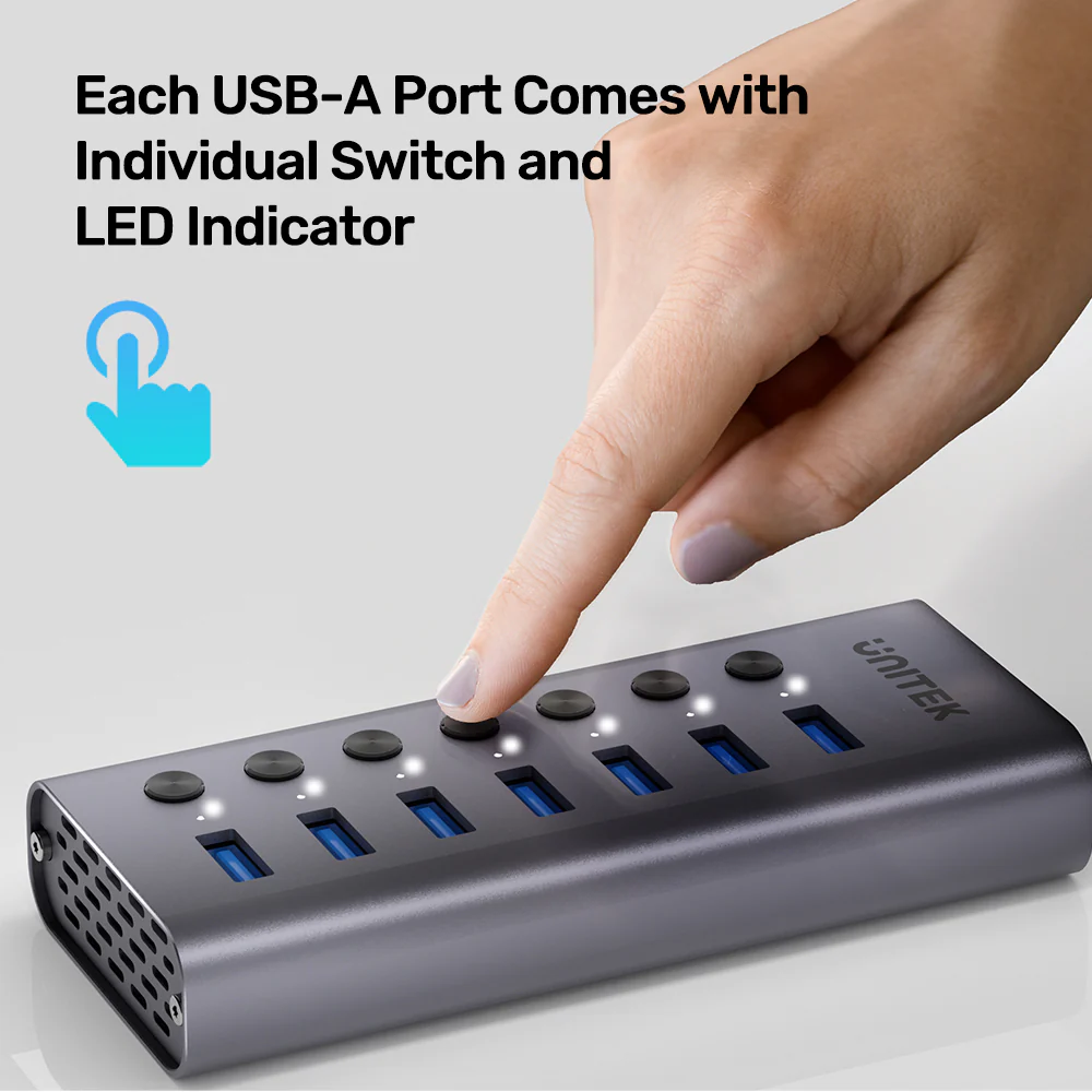 Unitek USB-C Hub 7xUSB-A Power Switch 12V2A H1314A