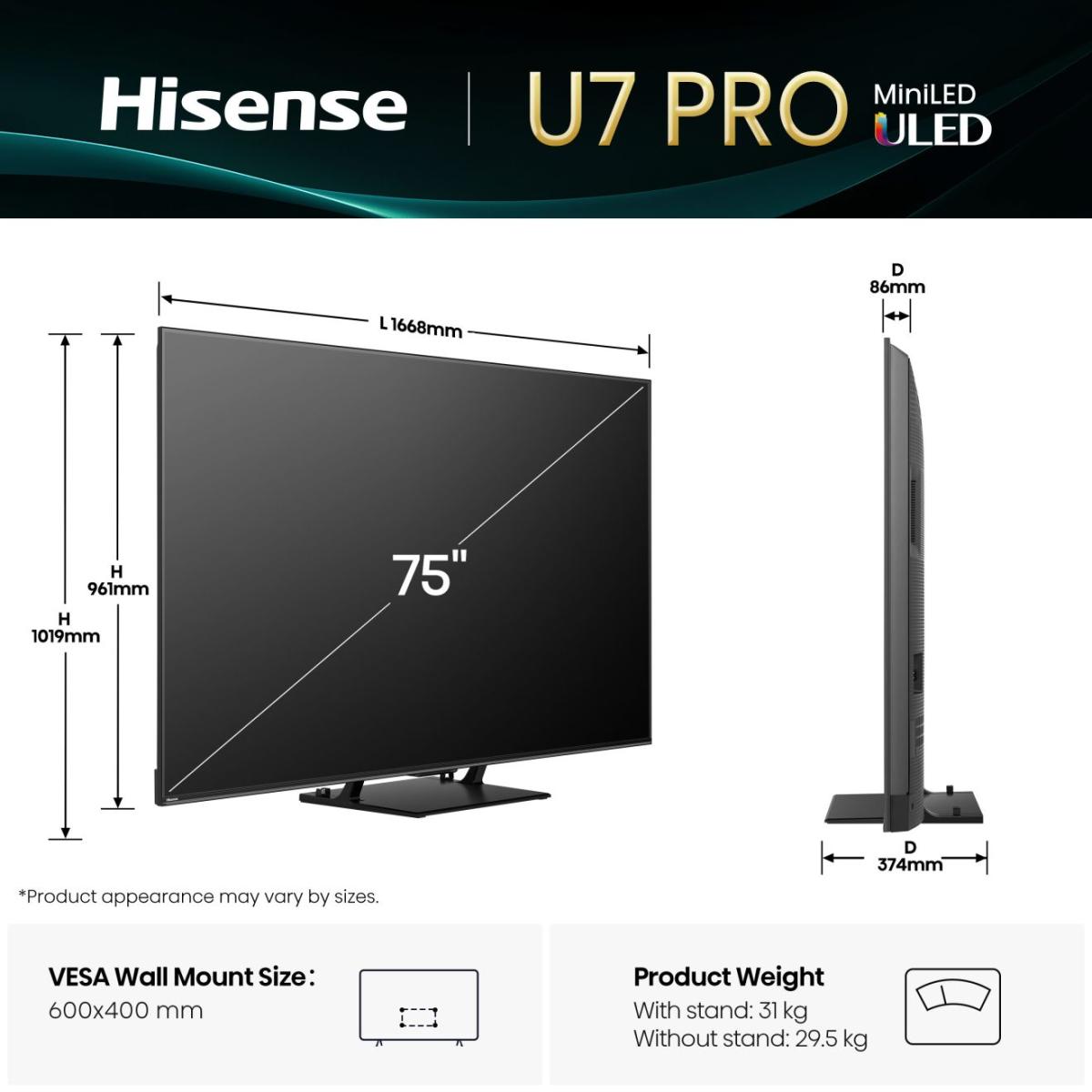 Hisense 75U7Q PRO 75'' 4K Smart QLED MINI LED 144hz TV