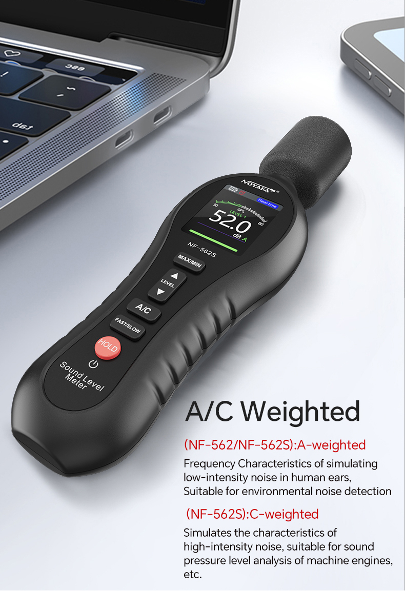 Noyafa Sound Level Meter with Dual A/C Weighting, Real-Time Alarm & Color LCD Display NF-562S