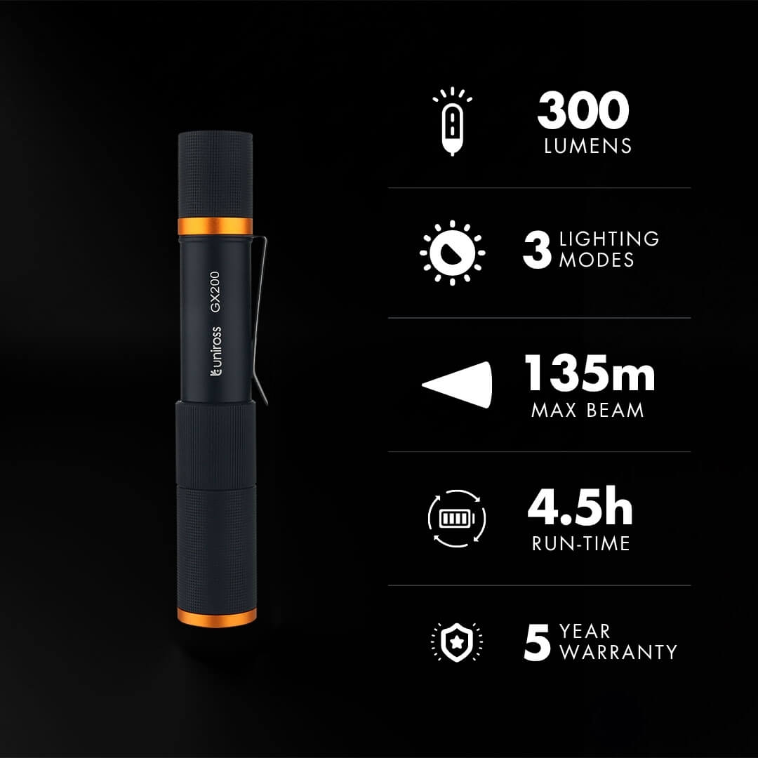 Uniross GX200 USB Rechargeable Torch IP44 Waterproof Aluminium 300 lumens 135m Beam
