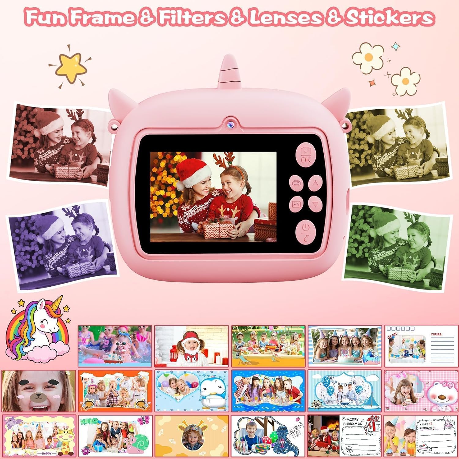 Kids Instant Camera with Printing Paper & 32G TF Card, Gift for Children 3-12 Years - Pink