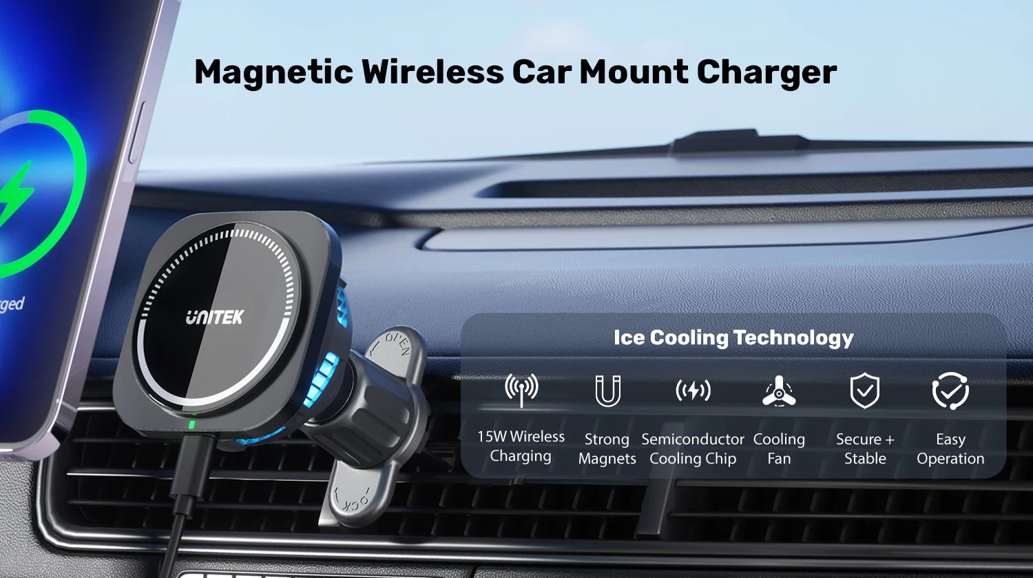 Unitek Wireless 15W MagSafe Car Mount Kit with Cooling Fan + 38W Charger & USB-Cable P1403A