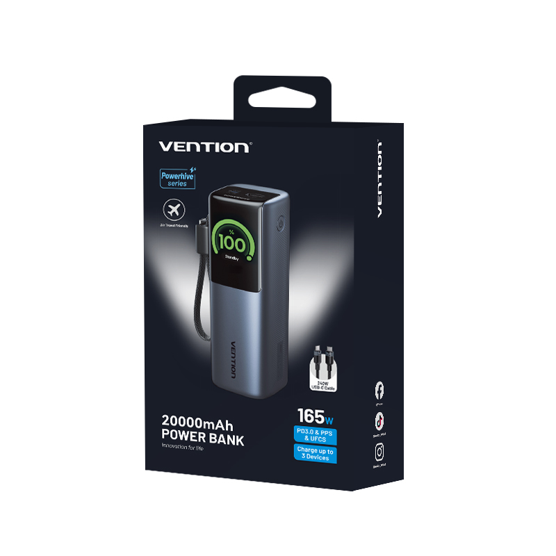 Vention Powerbank 20000mAh 165W 3xUSBC+USBA TFT Display +100W Cable FKFH0