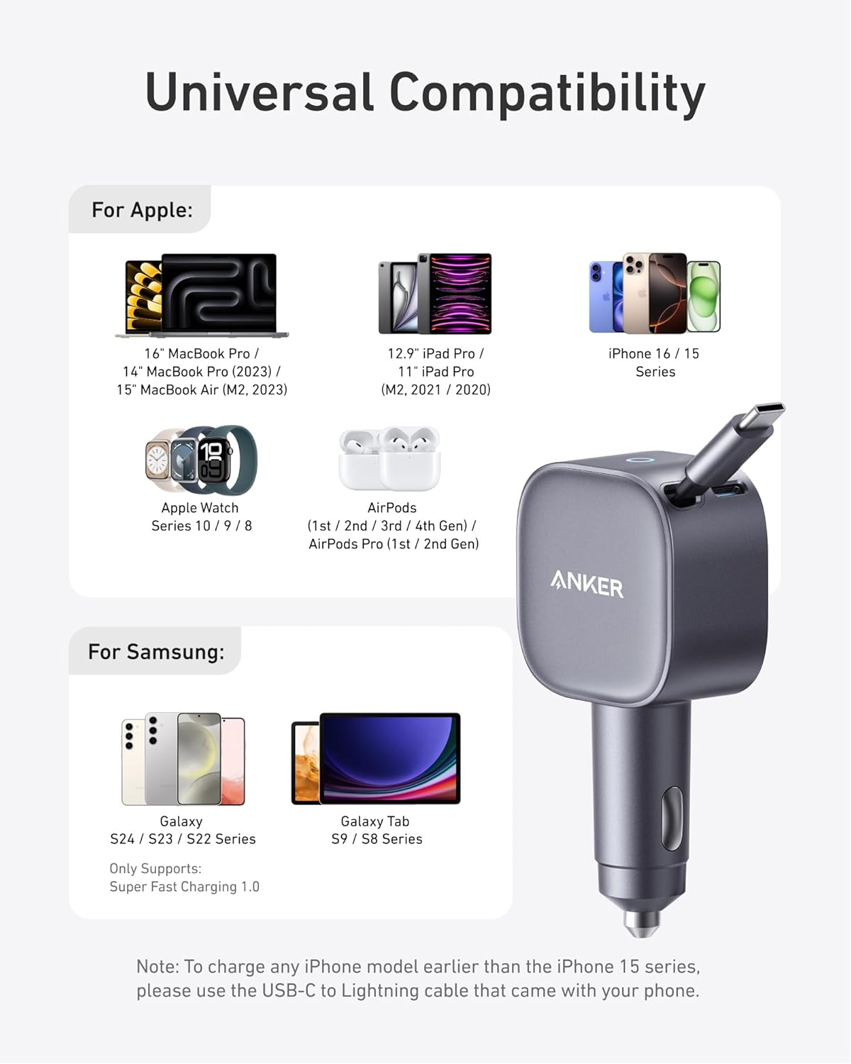 Anker Mobile Charger Car 75W with Built-In Retractable USB-C Cable