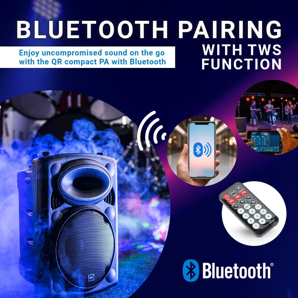 QTX QR15PA 15'' Professional Portable Karaoke & PA Speaker with 2x Wireless Microphones, Bluetooth USB & FM 178.848UK